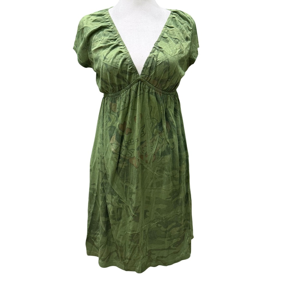 Julie's Closet Vintage Y2K Camo Skull Heart Mini Dress Green M Empire Crinkle